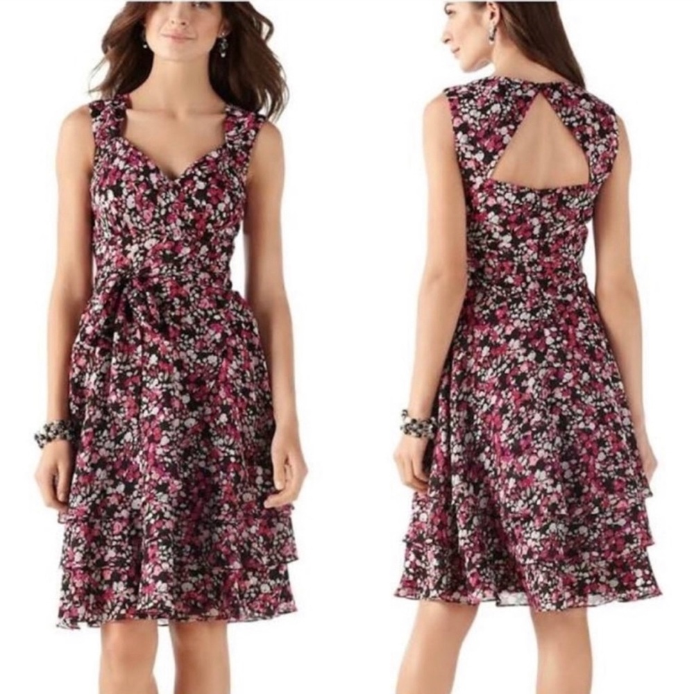 White House Black Market Black and Pink Floral Midi Dress